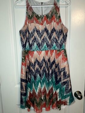 love, Fire Coral Green & Teal Lace Overlay Dress